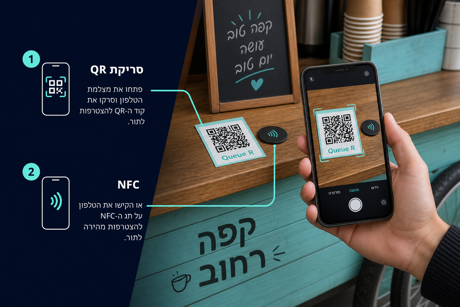 לקוח סורק ברקוד QR על העמדה או מניח טלפון על תג NFC